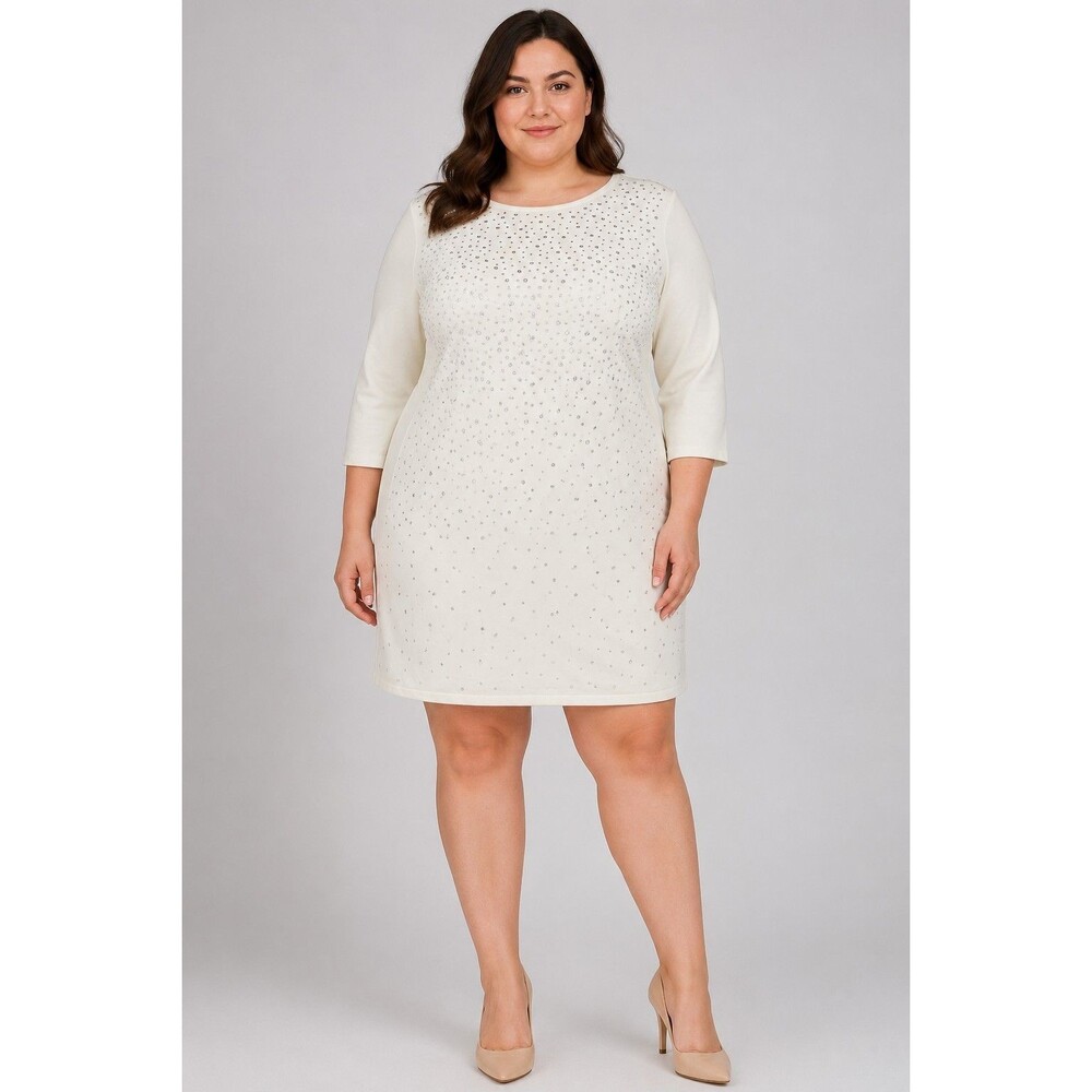 Women’s Ivory Rhinestone Embellished 3/4 Sleeve Shift Dress Xl